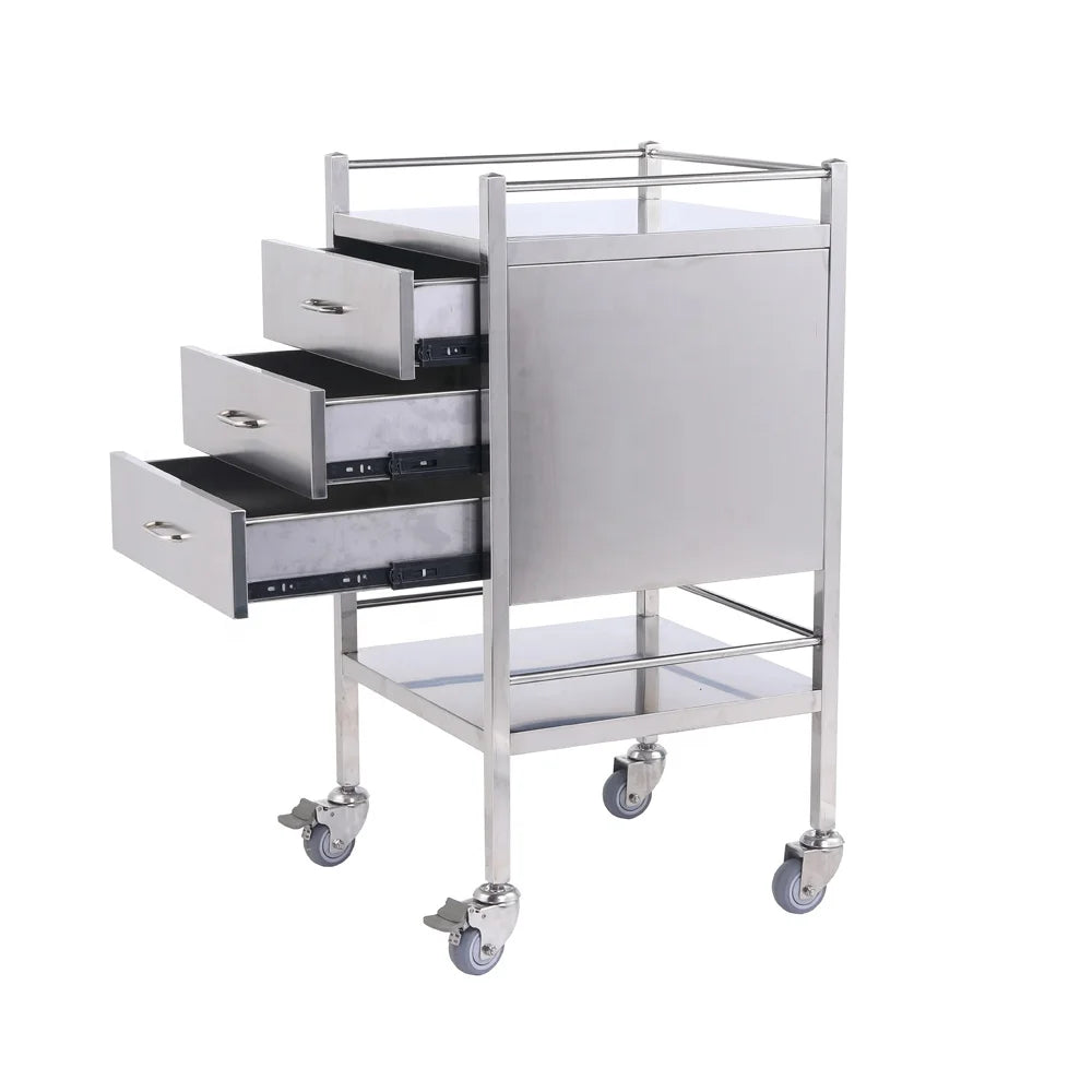 Medical Instrument Trolley Stainless Steel Treatment Cart 3 Shelves CE Certified 220LB Load Capacity 4 Locking Castors Hospital