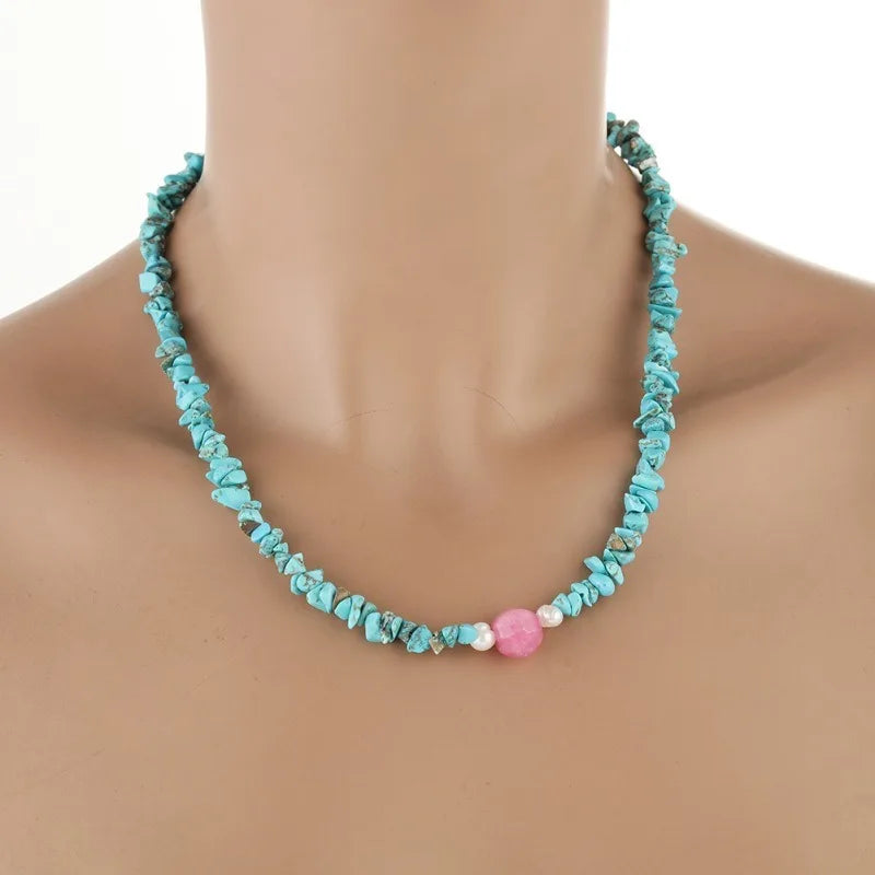 Irregular Natural Blue Turquoise Stone  Necklace Semi-Precious Charm Trendy Geometric Rose Quartz Beaded Jewelry for Women