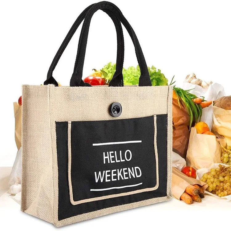 Custom Women's Wedding Name Eco Reusable Laminated Grocery Shopping Tote Jute Bag Beach Handbag-Promotional Carrying Bags
