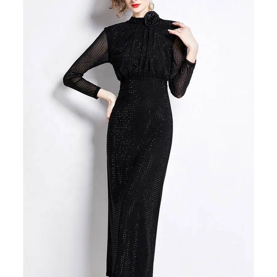 Fashionable Plus Size Mesh Heavy Industry Hot Diamond Skirt Pleated Wrapped Hip Long Diamonds Fishtail Banquet Party Dress