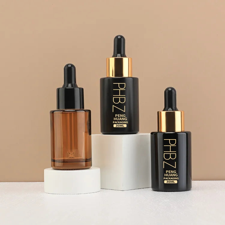 Custom 1oz 30ml Amber Black Glass Serum Bottle for Skincare Packaging Body Essential Hair Oil Moisture Dropper Eye Drop Bottles