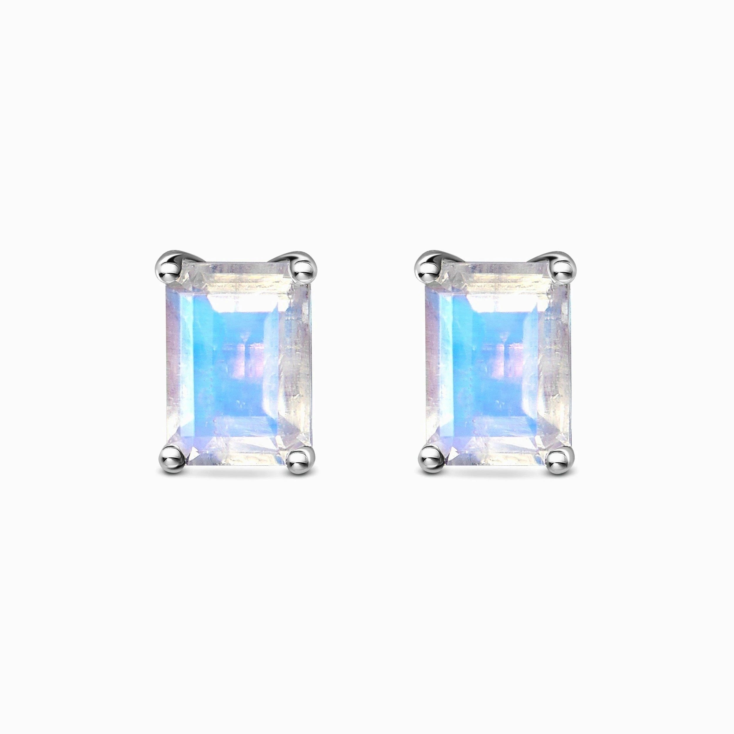 Emerald Cut 5x7mm Natural Blue Moonstone Stud Earrings 925 Sterling Silver Women Earrings