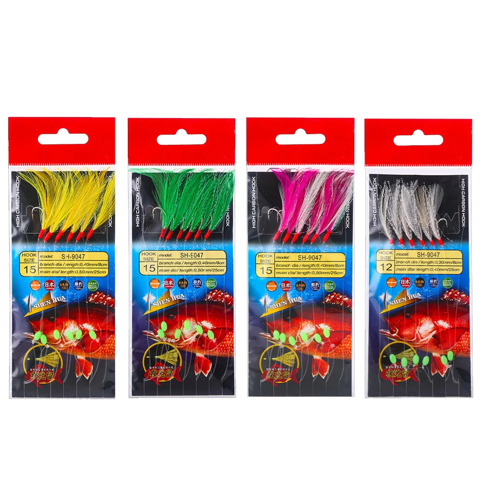 6 Arms Colorful Feather Sabiki Rigs Saltwater Artificial Fishing Lures Sea Bait Mackerel Pesca Tackle String Hooks 15#