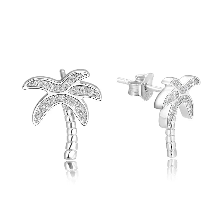 Rhodium Plated 925 Silver Palm Tree Stud Earrings Front Set Micro Pave CZ Design Hypoallergenic Tropical Jewelry