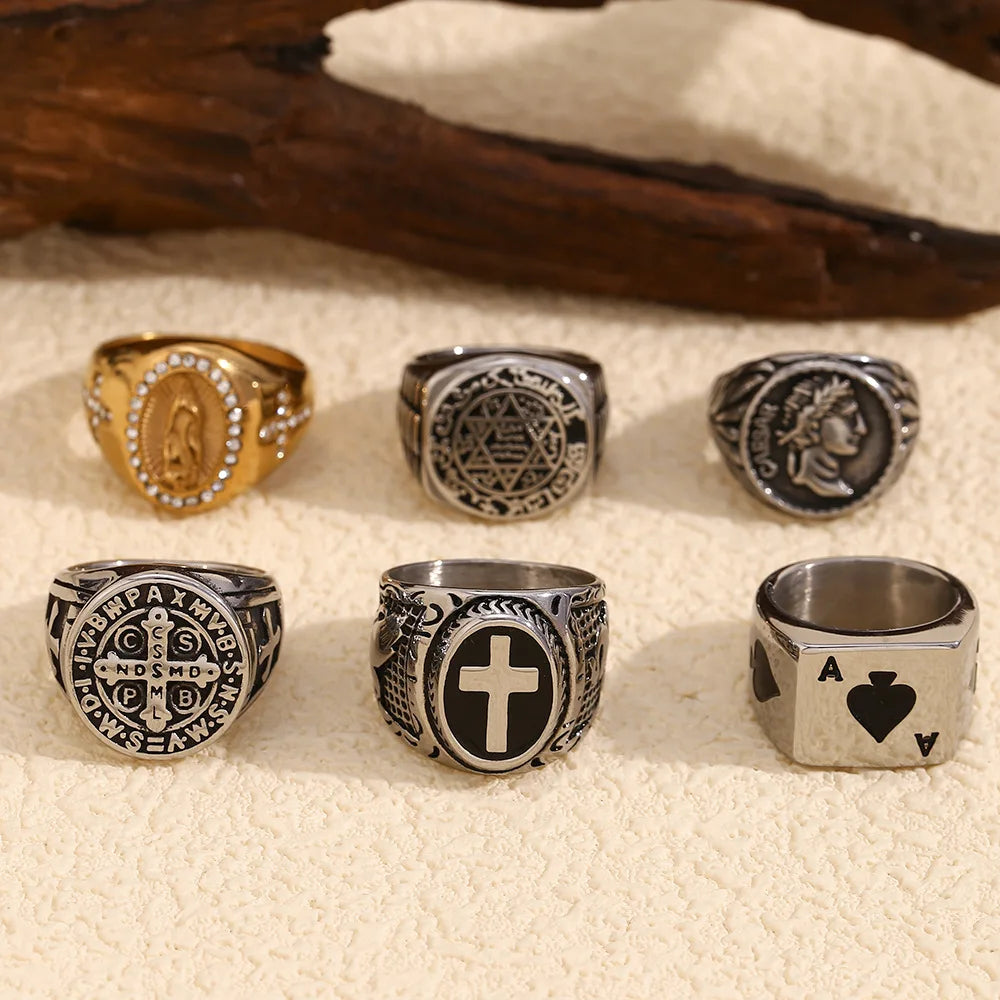 DAIHE High Quality Cross Shape Stainless Steel Rings Plated Retro 18k Gold Black Men Ring