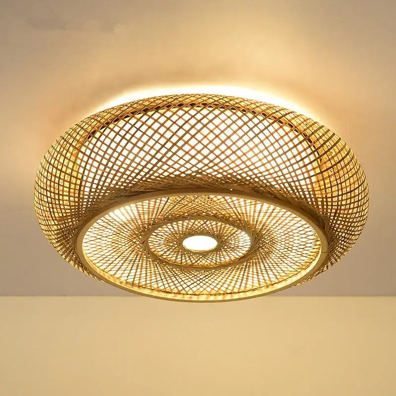 Natural Modern LED Handmade Bamboo Round Ceiling Light Bedroom Living Room Lighting Fixture Bamboo Chandeliers Lamps