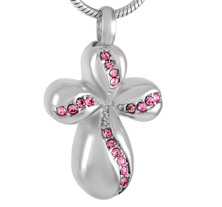 Vintage Crystal Cross Memorial Ashes Holder Cremation Keepsake Urn Pendant Stainless Steel Necklace Rose Gold Plated Christian