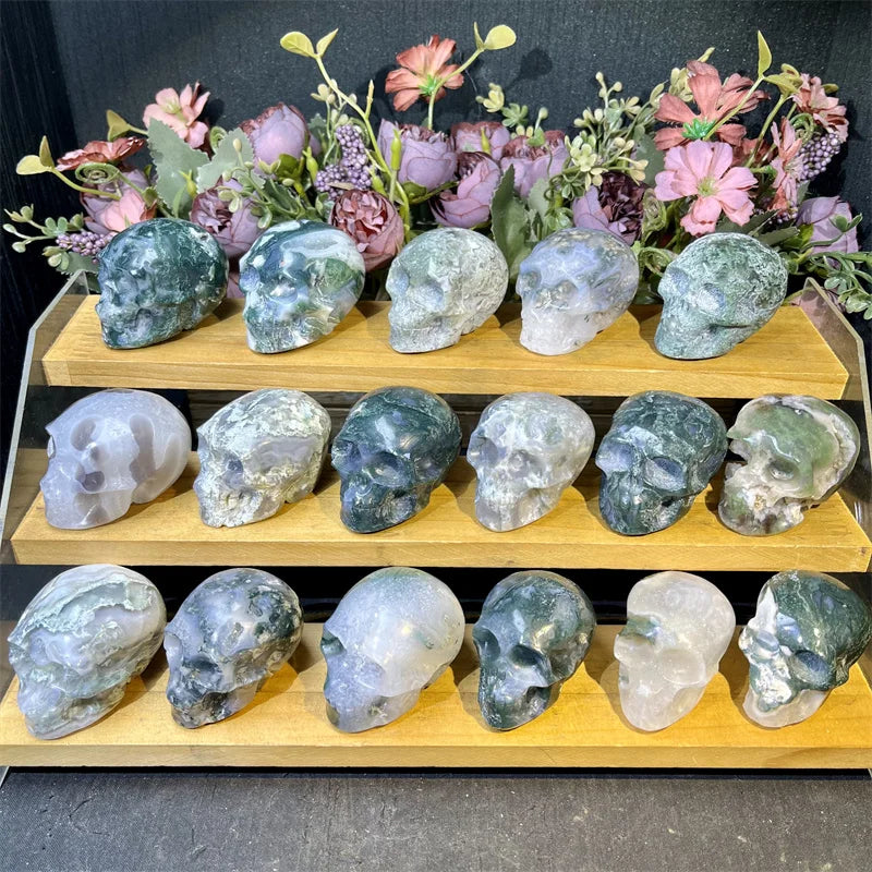 Kindfull Wholesale 2 Inch Crystal Skull Hand Carved Natural Healing Quartz Moss Agate Skull for Fengshui