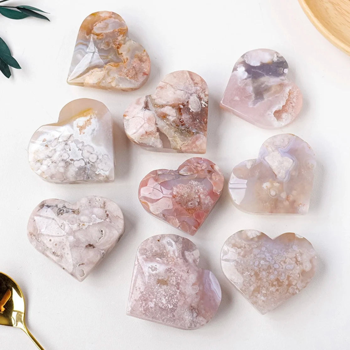 Wholesale Reiki Healing Stones Flower Agate Crystal Carving Cherry Blossom Agate Heart
