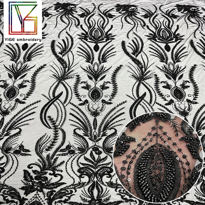 Luxury French Bridal Beaded Tulle Lace Fabric High Density Black Beads Sequin Embroidery Mesh Lace Fabric for Wedding Dress