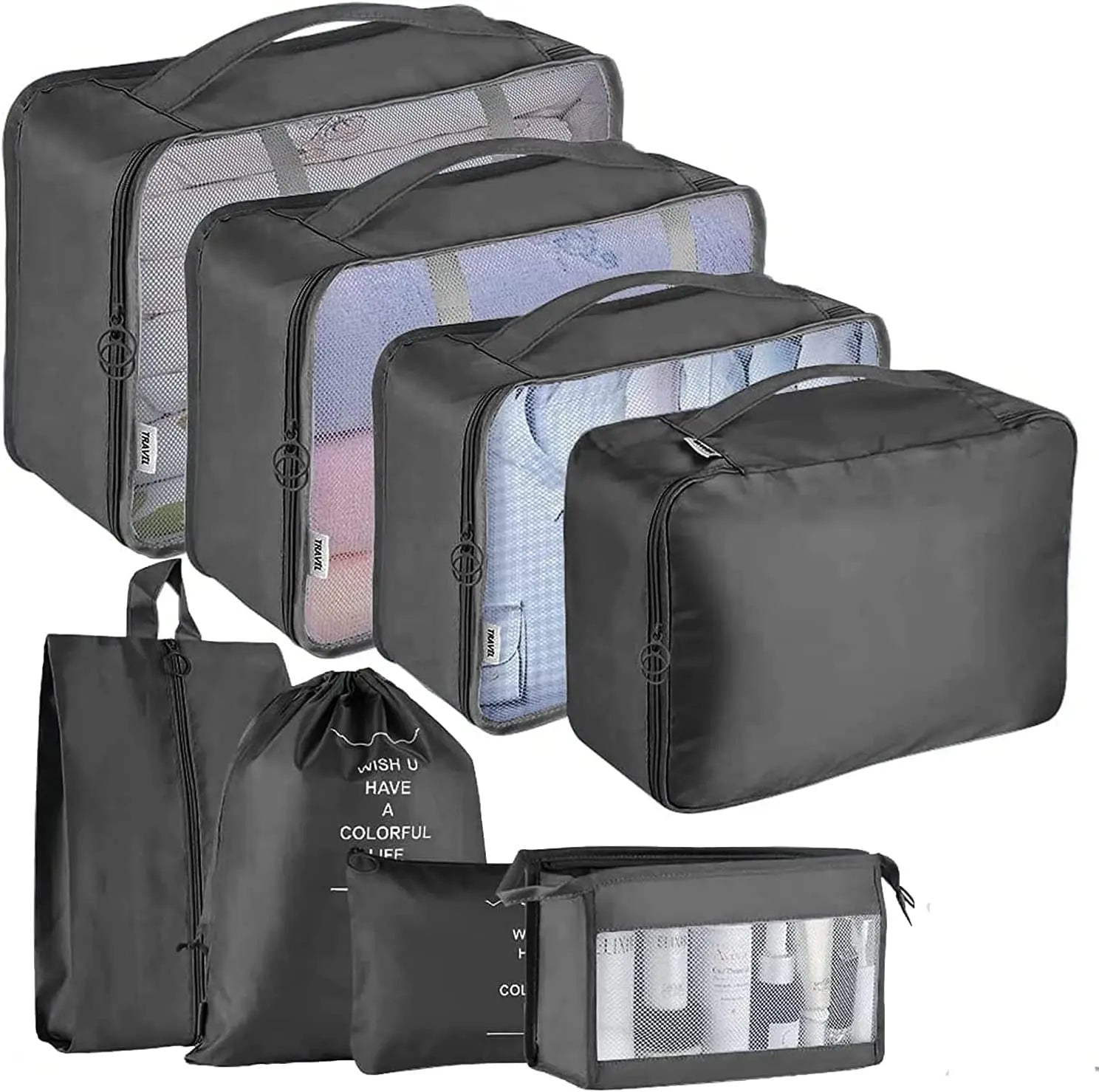 8 Set Fashion Waterproof Mesh Travel Luggage Packing Cubes with Zipper Closure Letter Pattern Shoes Bag