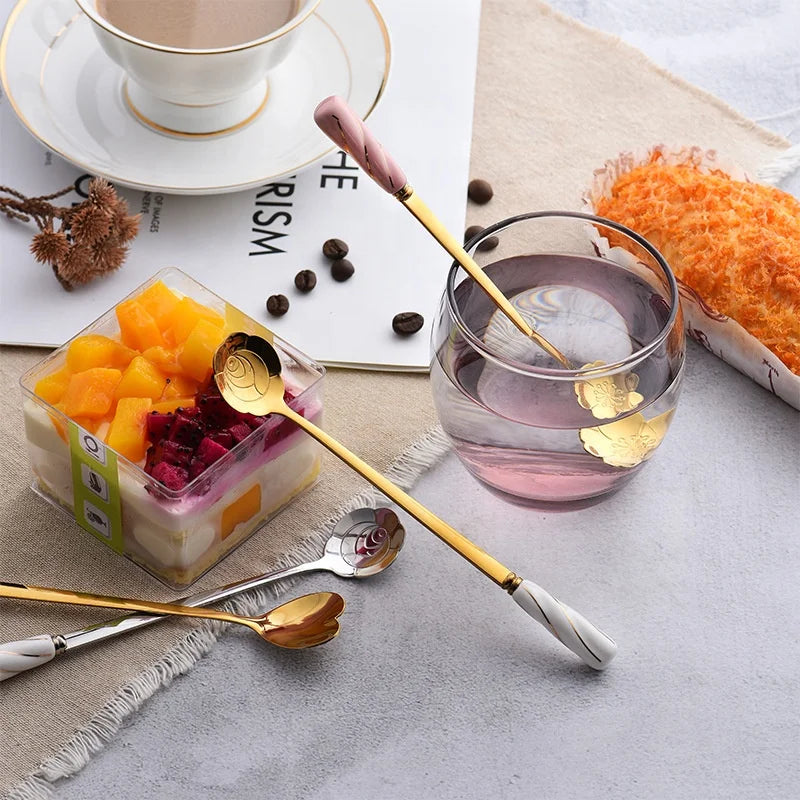 Stainless Steel Flower-Shaped Ceramic Handle Coffee Spoon Restaurant PVD Exquisite Long Handle Dessert Spoon
