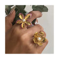 ERESI Trendy Luxury 18k pvd Gold Plated Stainless Steel Chunky Finger Rings Waterproof Pearl Flower Open Adjustable Ring Jewelry