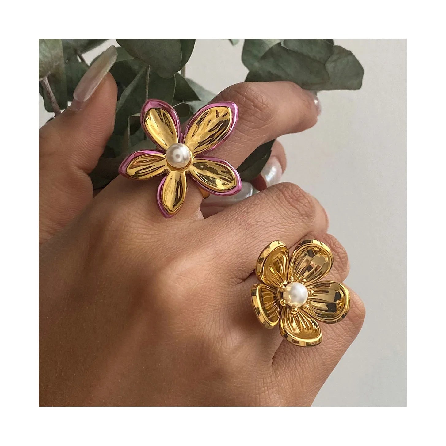 ERESI Trendy Luxury 18k pvd Gold Plated Stainless Steel Chunky Finger Rings Waterproof Pearl Flower Open Adjustable Ring Jewelry