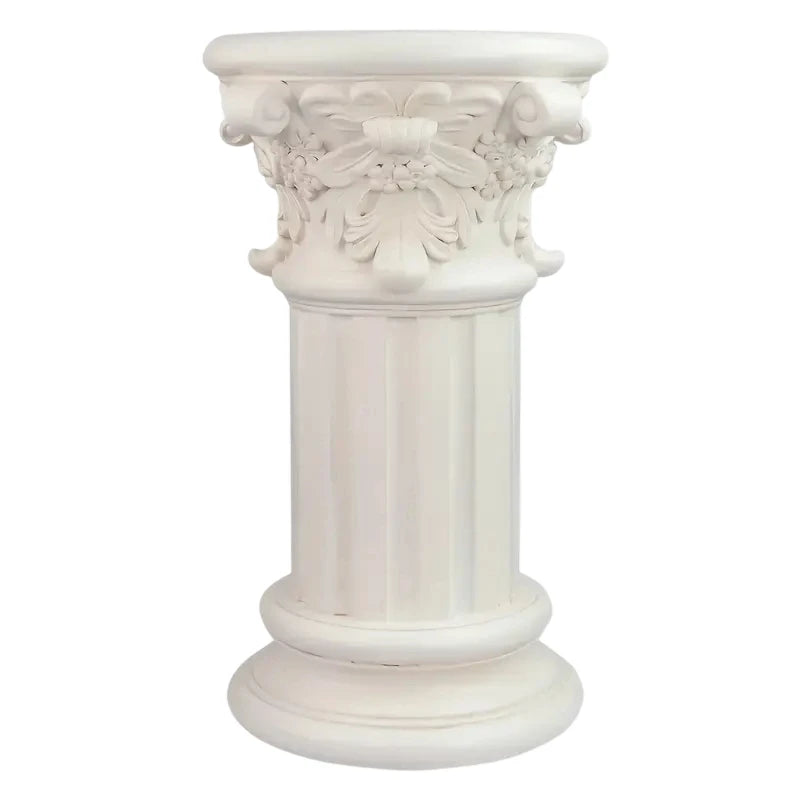 Vintage Style Roman Column Resin Pedestal with Floral Carvings White Classical Garden Sculpture for Outdoor Decor