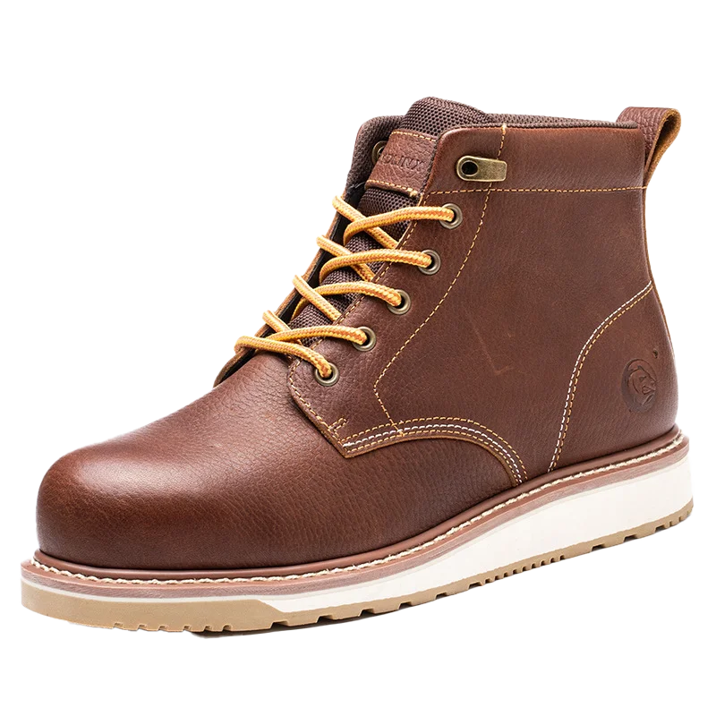 High-End Men's Brown Genuine Leather Work Boots with Shoelaces Durable Summer and Autumn Work Shoes