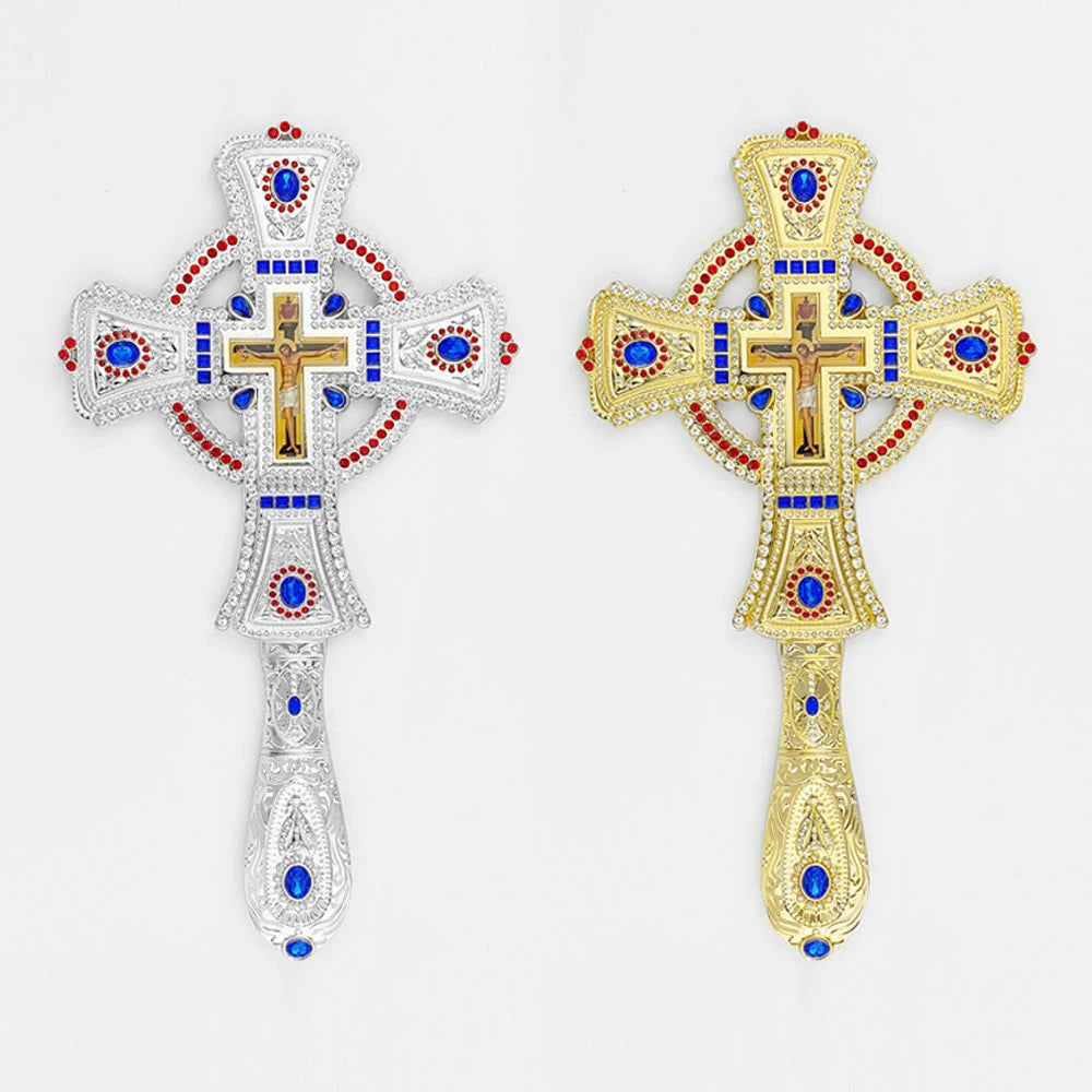 HT 2026 New Alloy Gold Silver Plated Orthodox Church Cross Handhold Crucifix for Church Religious Ceremonies and Parades