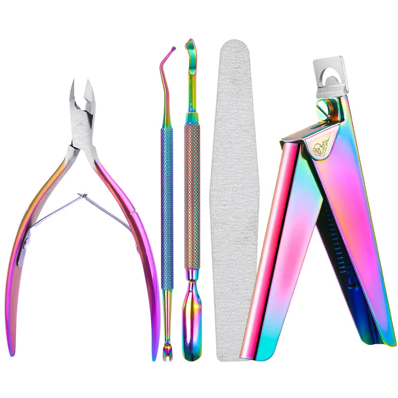 Factory Customized Professional 5-Piece Stainless Steel Acrylic Nail Cutter Kit with Rainbow Color Custom Logo for Beauty Use