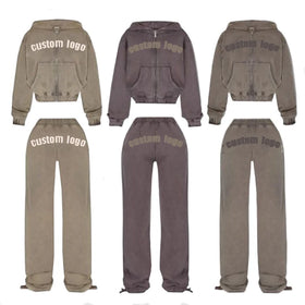 Custom Logo Colors Streetwear Vintage Zip up Sweatsuit Women Tracksuit Distressed Embroidery Patch Acid Wash Women Hoodies Set