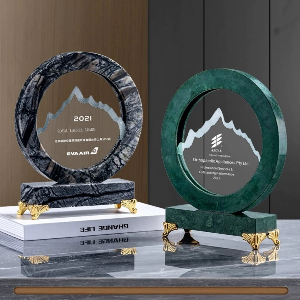 ADL High-Quality Wholesale Awards Mountain Peak Round Crystal Glass Trophy Awards Stone Marble Base Colorful Customized Trophy