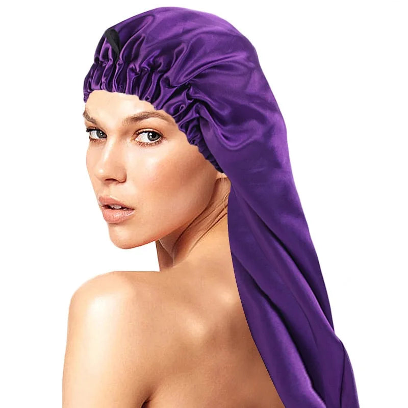 Wholesale Custom Adjustable Silk Satin Long Sleep Bonnet Women Chemo Cap Turban Head Covering Scarf