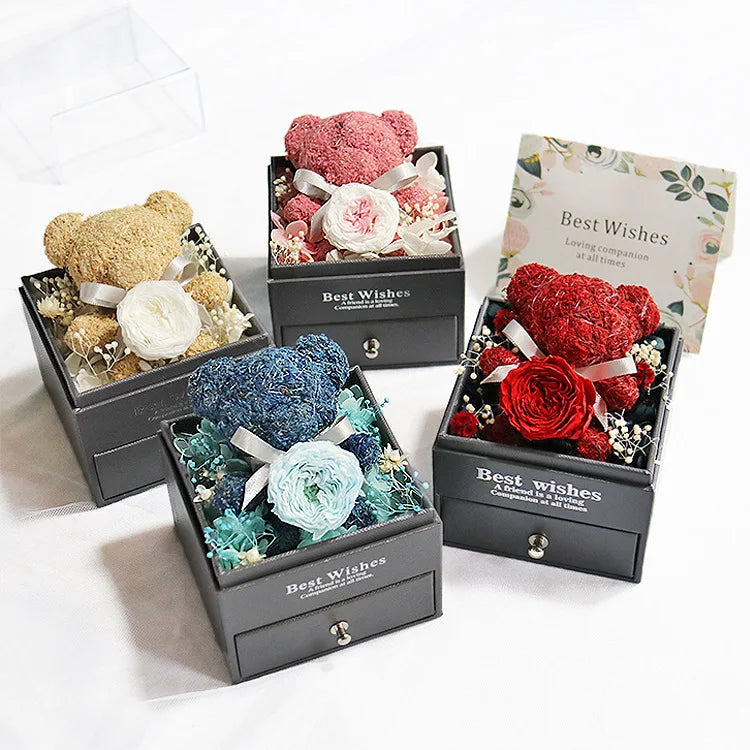 Cute Bear Preserved Rose Flower Acrylic Gift Box With Drawer for Valentines Mother's Day Gift