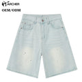 Vintage Washed 100%cotton Denim Cargo Shorts Custom logo Print Double Knee Jean Shorts Casual Baggy Fit Jorts Streetwear for Men
