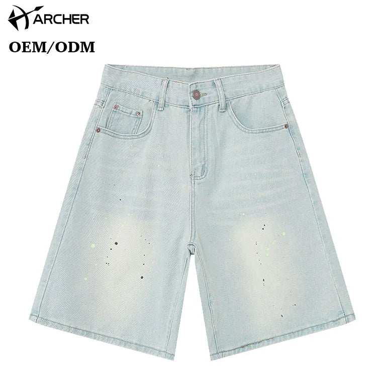 Vintage Washed 100%cotton Denim Cargo Shorts Custom logo Print Double Knee Jean Shorts Casual Baggy Fit Jorts Streetwear for Men