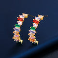 Luxury Baguette Shiny Rainbow Cubic Zircon CZ Crystal Yellow Gold Color Half Circle Round Big Hoop Earrings for Women Jewelry