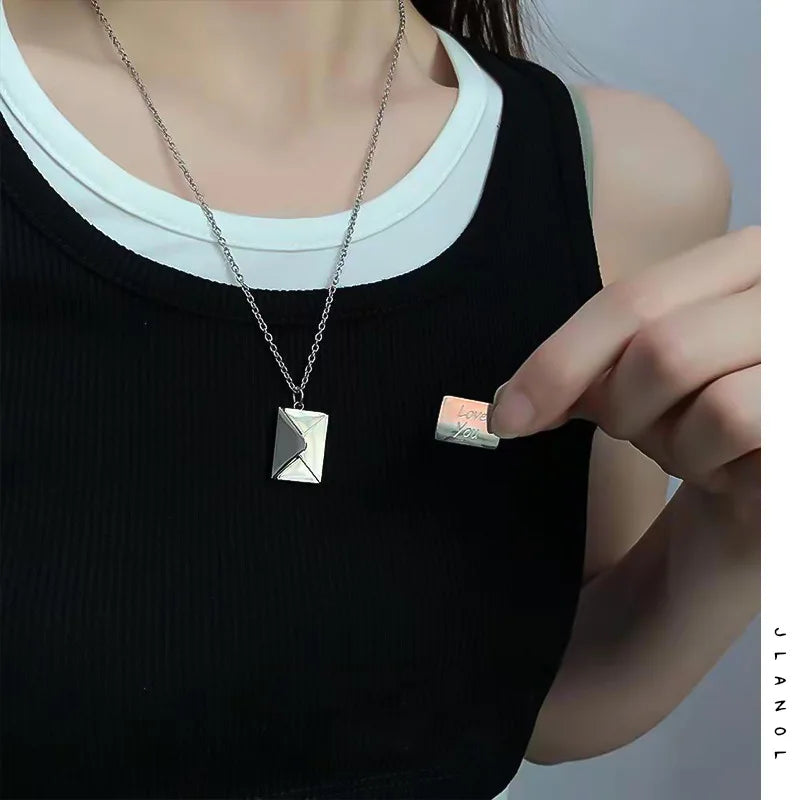 Adjustable Gold Plated Stainless Steel Necklace with Water Wave Chain Letter Envelope Pendant Pearl for Couples Great for Gift