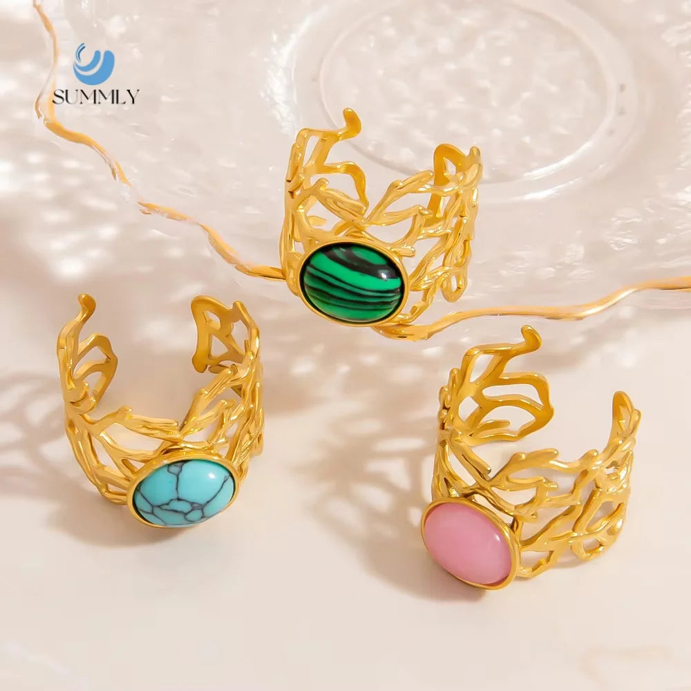 SUMMLY Trend Personalized Bird's Nest Natural Stone 18K Gold Plated Stainless Steel Open Ring Fashion Jewelry