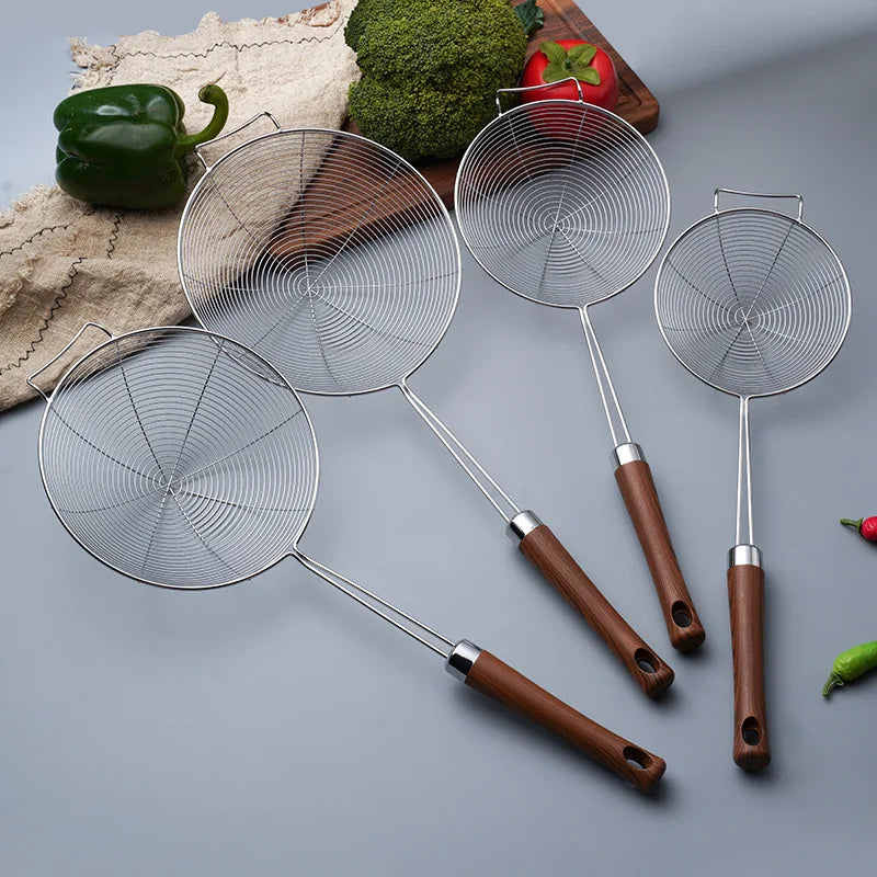 Stainless Steel Spider Strainer Skimmer Spoon Wood Grain Handle Wire Fryer Basket Ladle For Deep Frying Noodle Dumpling