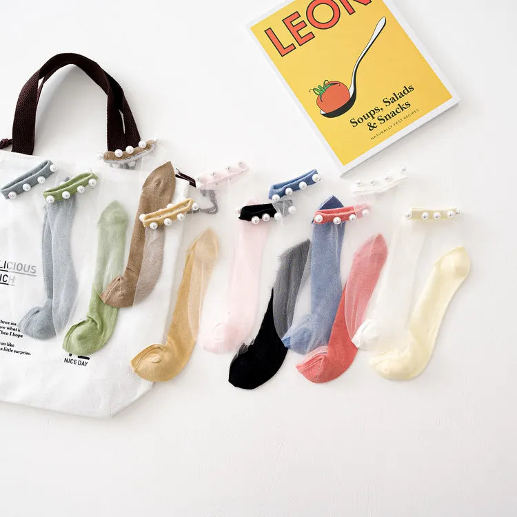 Ladies Ankle Sheer Socks Pearls Mesh Silk Socks Transparent Crystal Lace Elastic Fashion Ankle Socks