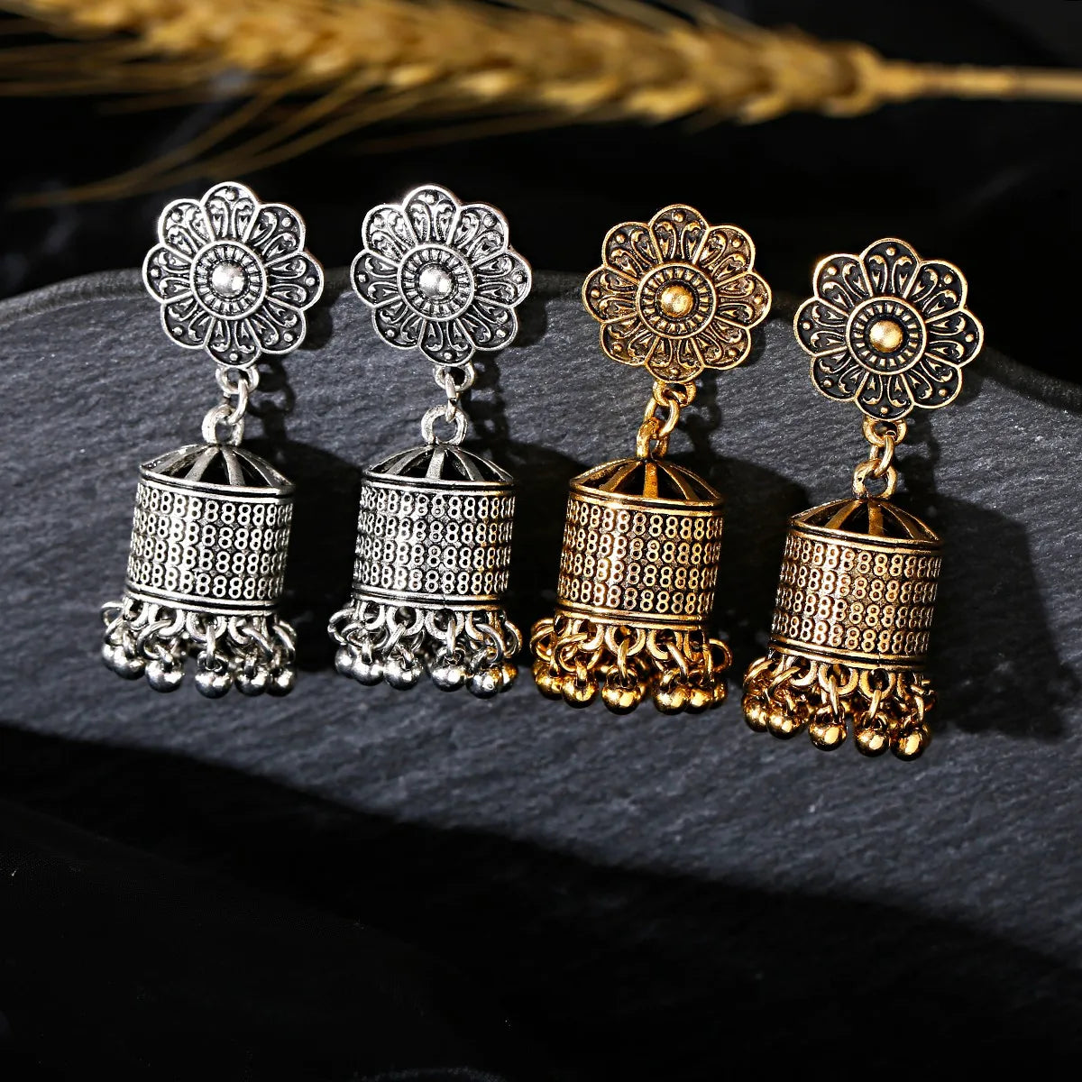 Vintage Ethnic Carved Gypsy Gold Silver Prayer Wheel Bell Indian Jhumka Earrings for Women Boho Jewelry Tibetan Earrings