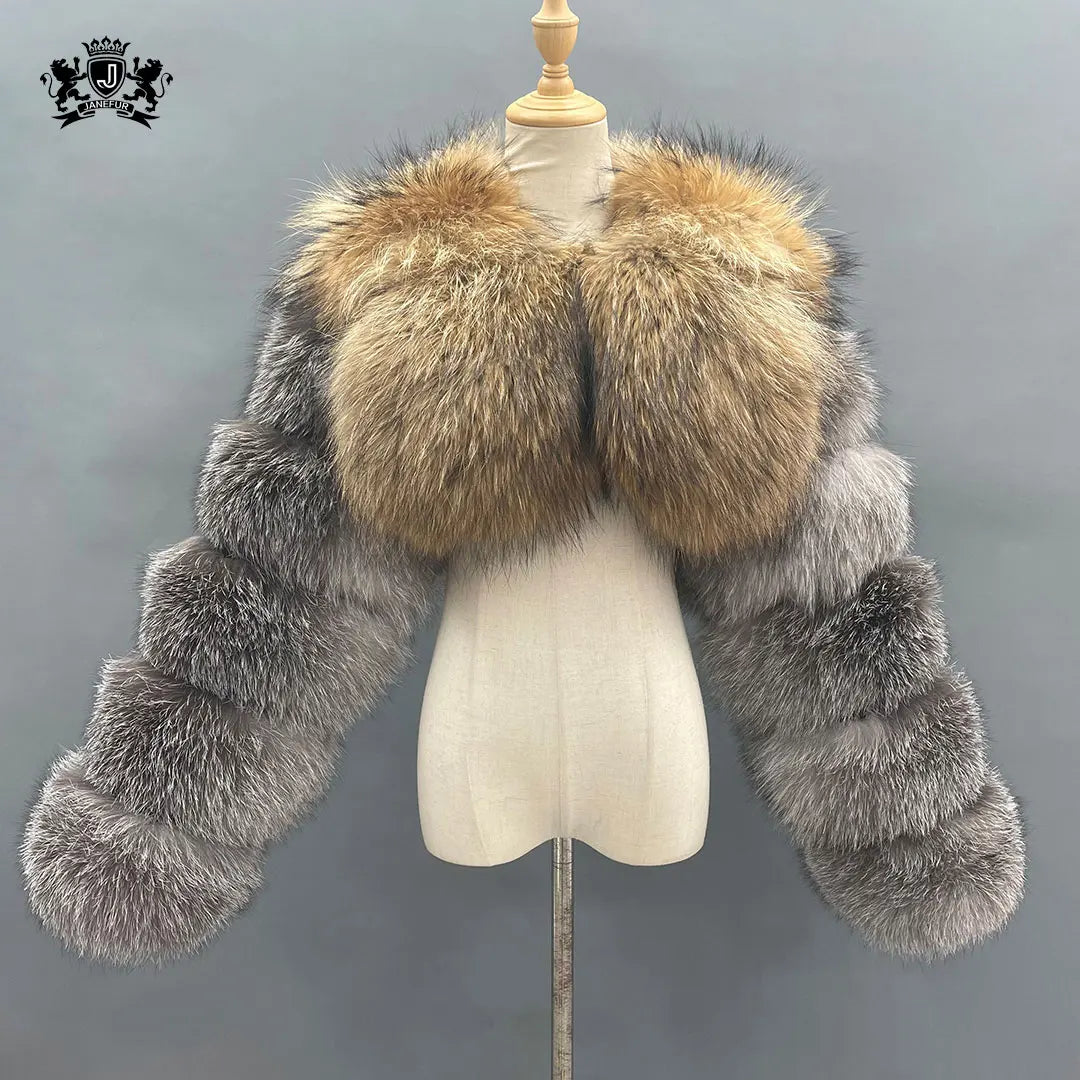 Janefur Custom Real Fur Jacket Top Fashion Natural Fox Fur Sleeve Coat Women