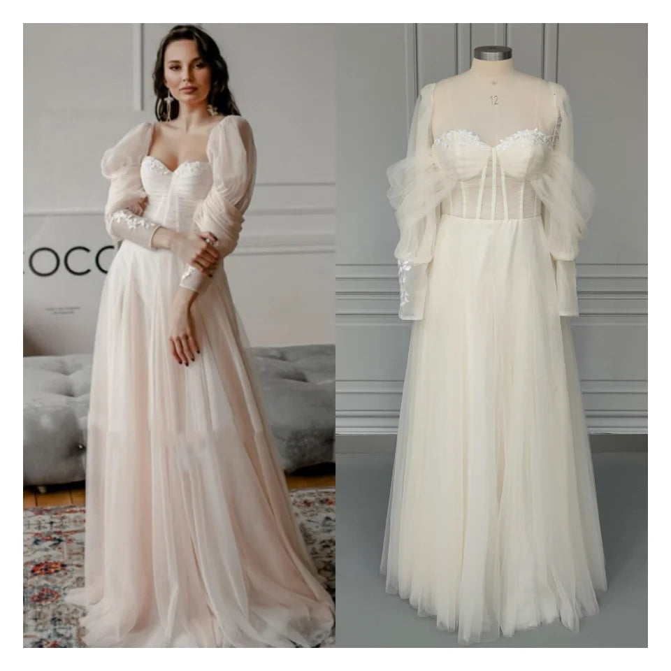 15420# Real Photos Sweep Train A-line Wedding Dress Appliques Lace Off Shoulder Tulle Low Back Bridal Gown Long Puffy Sleeves