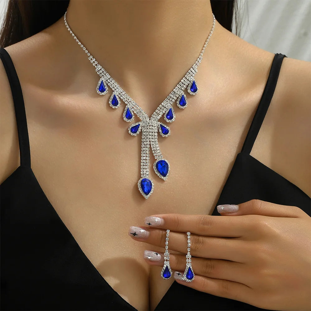 Hot-selling Cross-Border Simple Atmospheric Diamond Design Necklace Earrings Jewelry Suite Round Brilliant Cut Diamond Shape