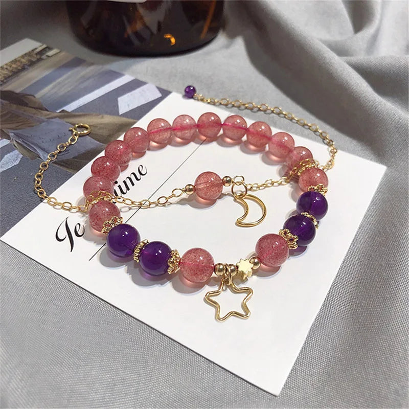 Handmade Jewelry Fashion Bracelet Sets Amethyst Strawberry Crystal Bracelet Gold Chain Star Moon Lucky Bracelet