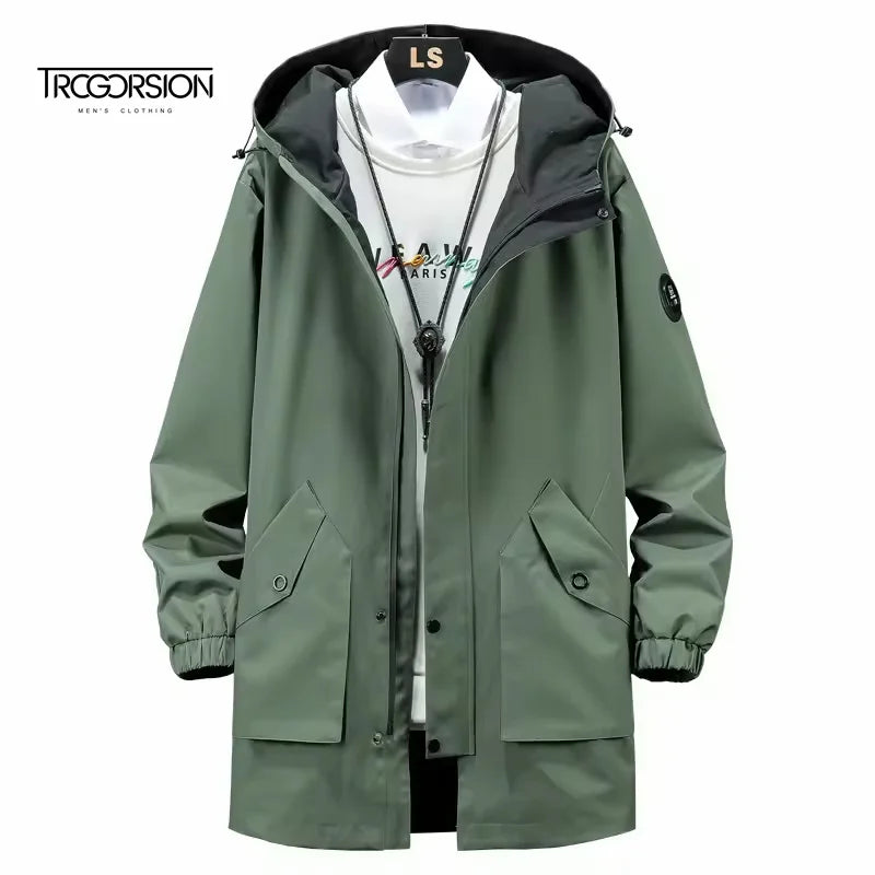 2025 Spring Autumn New Plus Size Men's Waterproof Reversible Hooded Windbreaker Coat with Zipper Closure Long
