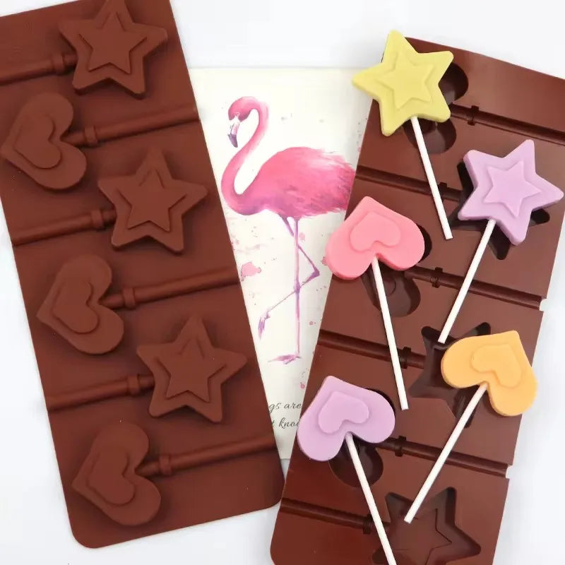 Hot Selling 6-layer Double Layered love Five Pointed Star Silicone Lollipop Mold Without Stick Silicone Baking Mold