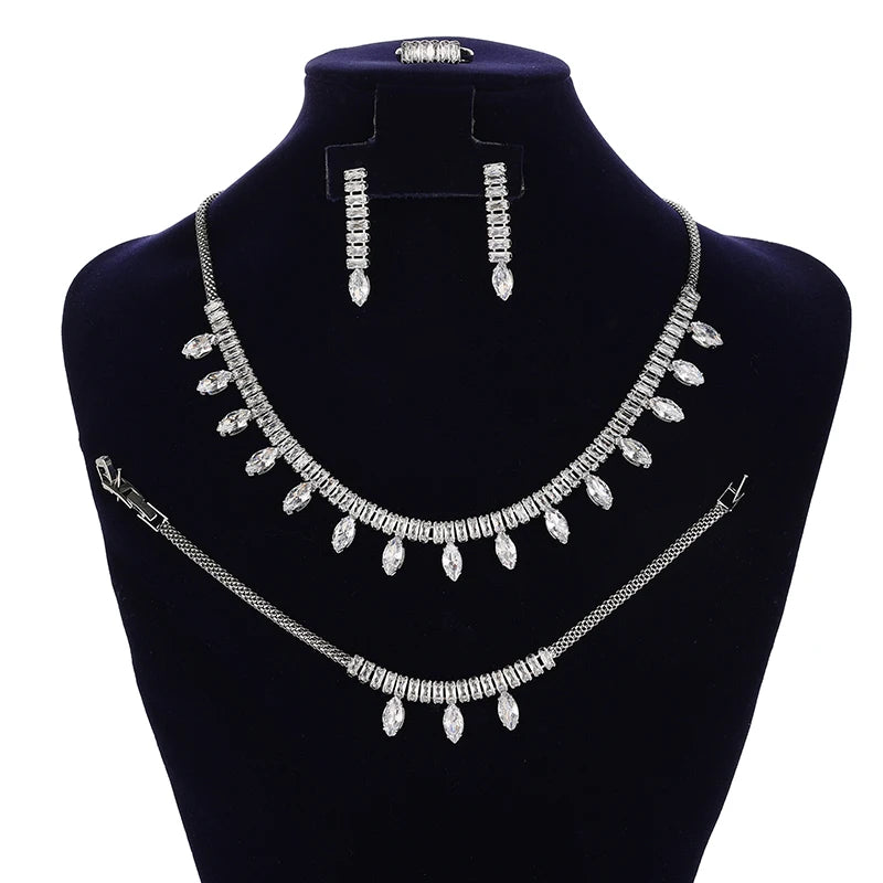 Marquis Cut Shaped Cubic Zircon Jewelry Set Wedding Accessories Bridal Necklace for Women BN9087 Exquisite Set  Bisuteria