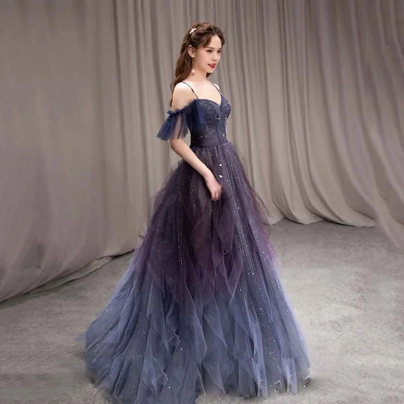 S8100F New One -word Collar New With Star Moonlight Engagement Long Banquet Women Evening Dresses Elegant