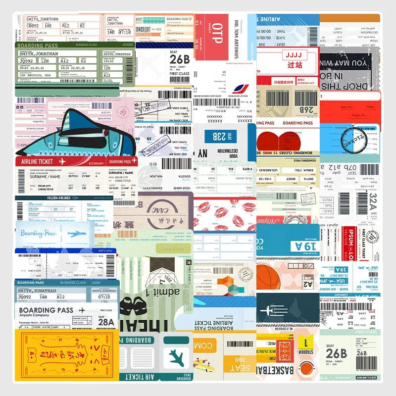 52Pcs Travel Air Tickets Boarding Pass Sticker Retro Notebook Stationery Gift Girl Bottle Luggage Laptop Sticker