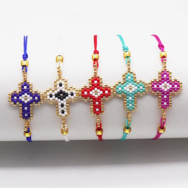 Cute Fashion Colorful Miyuki Beads Bracelet Handmade Cross Charm Pull Adjustable Bracelet Jewelry