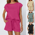 2026 Custom Summer Women Two Piece Sets Loose Casual Solid Color Round Neck Shirts and Shorts Sports Set Women Clothing