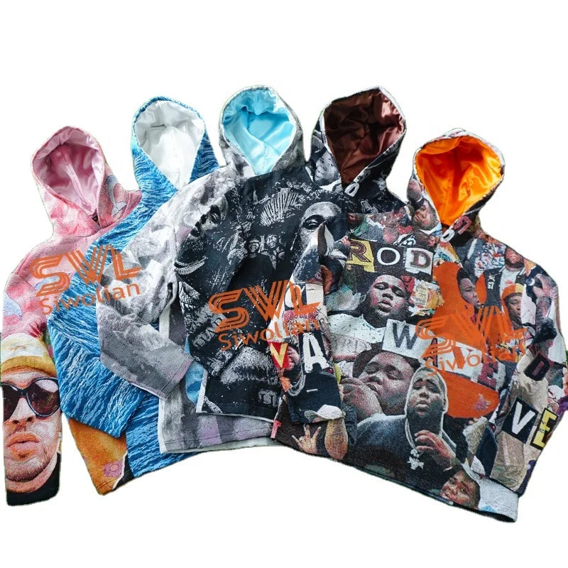 High Street Mens Tapestry Hoodie Basketball Hoodies Satin Lining Hooded Sweatshirts Men Clothing Plus Size Hoodie for Man