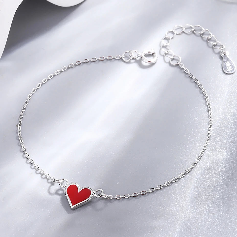 925 sterling silver simple fashion enamel love heart charm thin chain bracelet for women