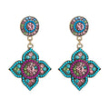 Vintage Ethnic Colorful Diamonds Flower Boho Bead Rhinestones Floral Bead Earrings
