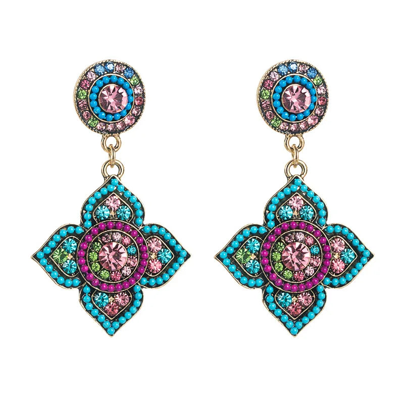 Vintage Ethnic Colorful Diamonds Flower Boho Bead Rhinestones Floral Bead Earrings