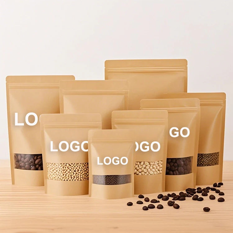 500g Retangular Packaging Printing Stand up Pouch Custom Zip Lock Kraft Paper Biodegradable Bag with Window